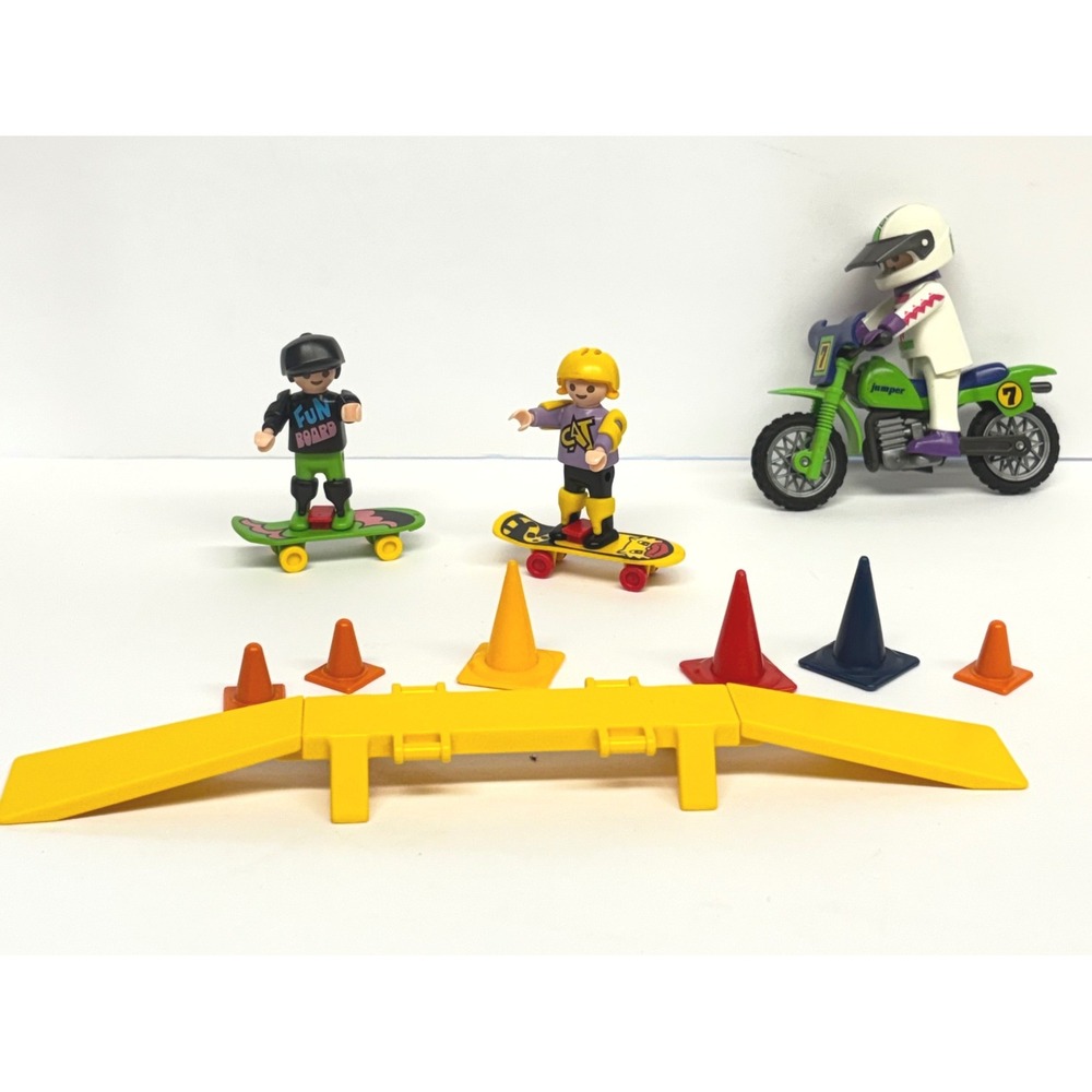 Vintage Playmobil Geobra Skateboarders and Motocross Jumper Bike Set 1980s 1990s
